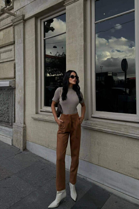 ONE COLOR SIMPLE WOMEN TROUSERS BROWN/KAFE - KLAUDIO FASHION