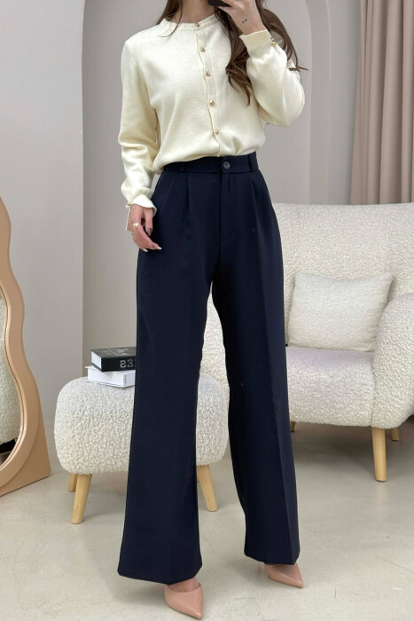 ONE COLOR SIMPLE WOMEN TROUSERS DARK BLUE/BEE - 3