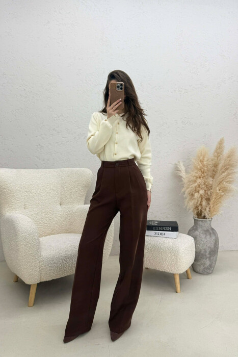 ONE COLOR SIMPLE WOMEN TROUSERS DARK BROWN/KAE - 2