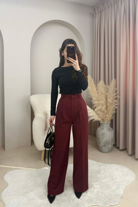 ONE COLOR SIMPLE WOMEN TROUSERS DARK BURGUNDY/VISHNJE E ERRET - KLAUDIO FASHION