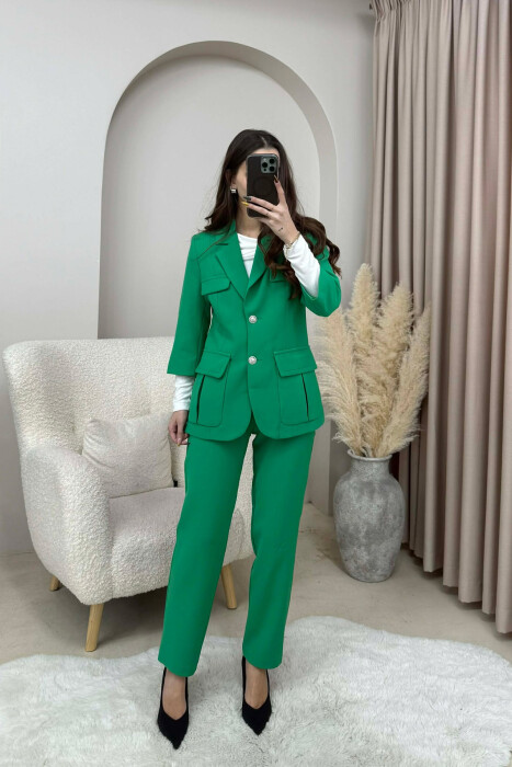 ONE COLOR SIMPLE JACKET+ TROUSERS WOMEN SET GREEN/JESHILE - 1