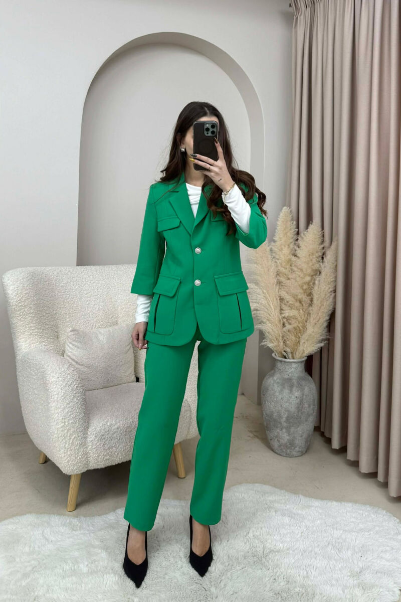 ONE COLOR SIMPLE JACKET+ TROUSERS WOMEN SET GREEN/JESHILE - 1