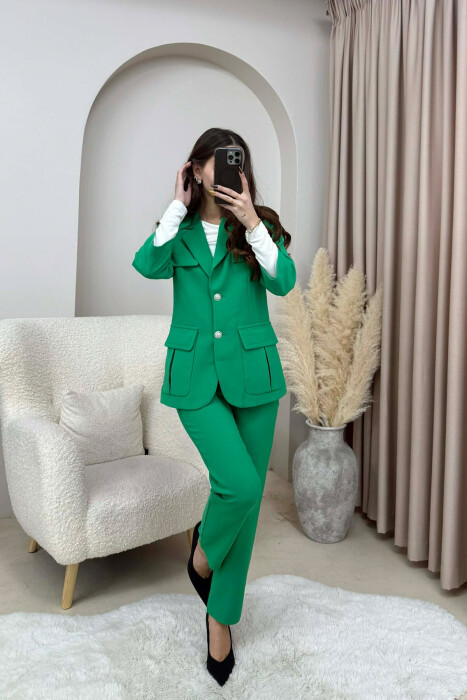 ONE COLOR SIMPLE JACKET+ TROUSERS WOMEN SET GREEN/JESHILE - 2