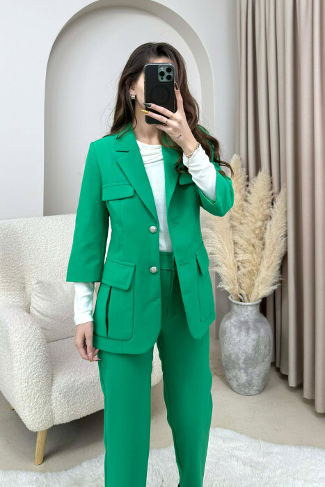 ONE COLOR SIMPLE JACKET+ TROUSERS WOMEN SET GREEN/JESHILE - 4