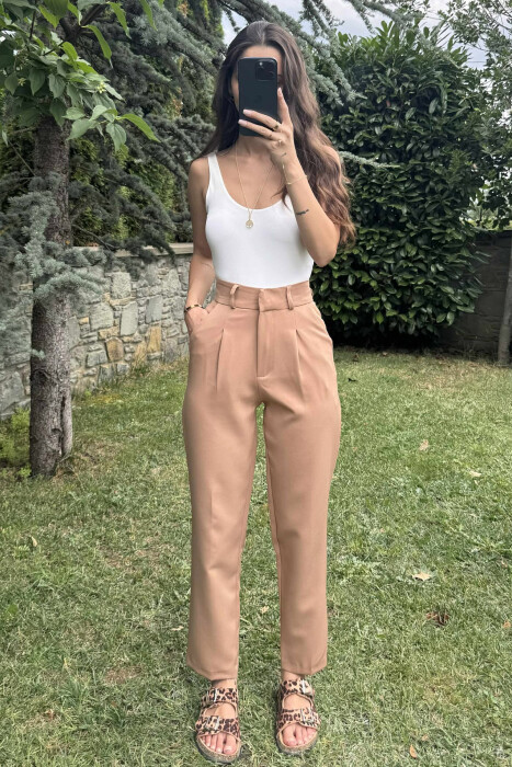 ONE COLOR SIMPLE WOMEN TROUSERS LIGHT BROWN/KAZB 
