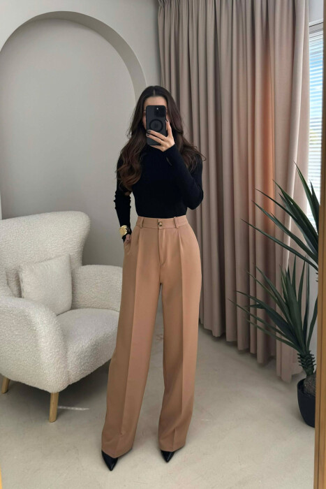 ONE COLOR SIMPLE WOMEN TROUSERS LIGHT BROWN/KAZB - 2