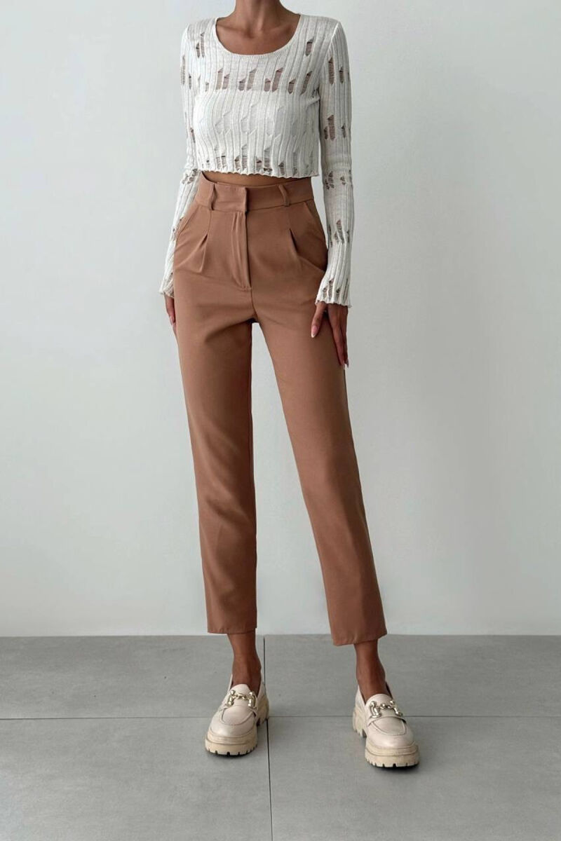 ONE COLOR SIMPLE WOMEN TROUSERS LIGHT BROWN/KAZB - 5