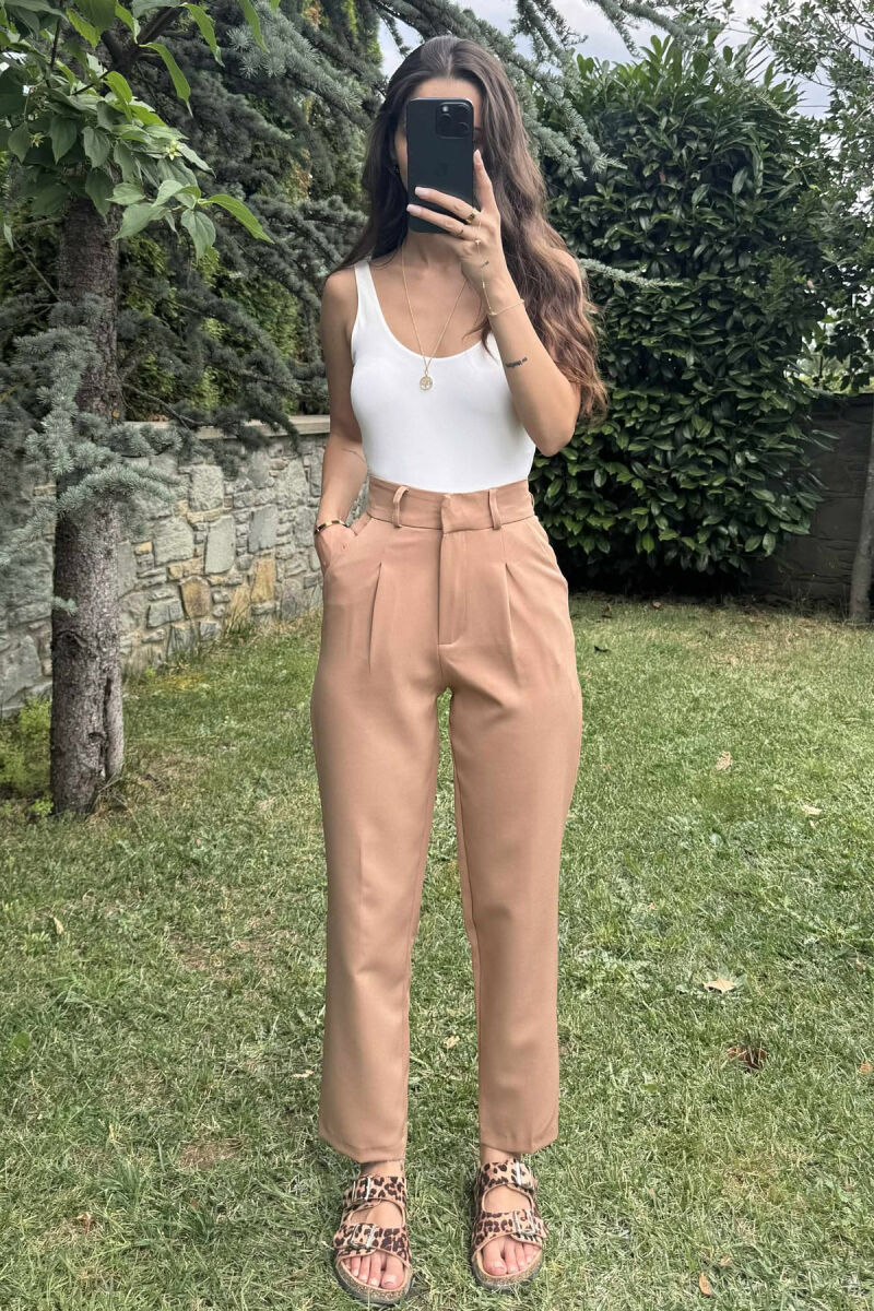 ONE COLOR SIMPLE WOMEN TROUSERS LIGHT BROWN/KAZB - 1