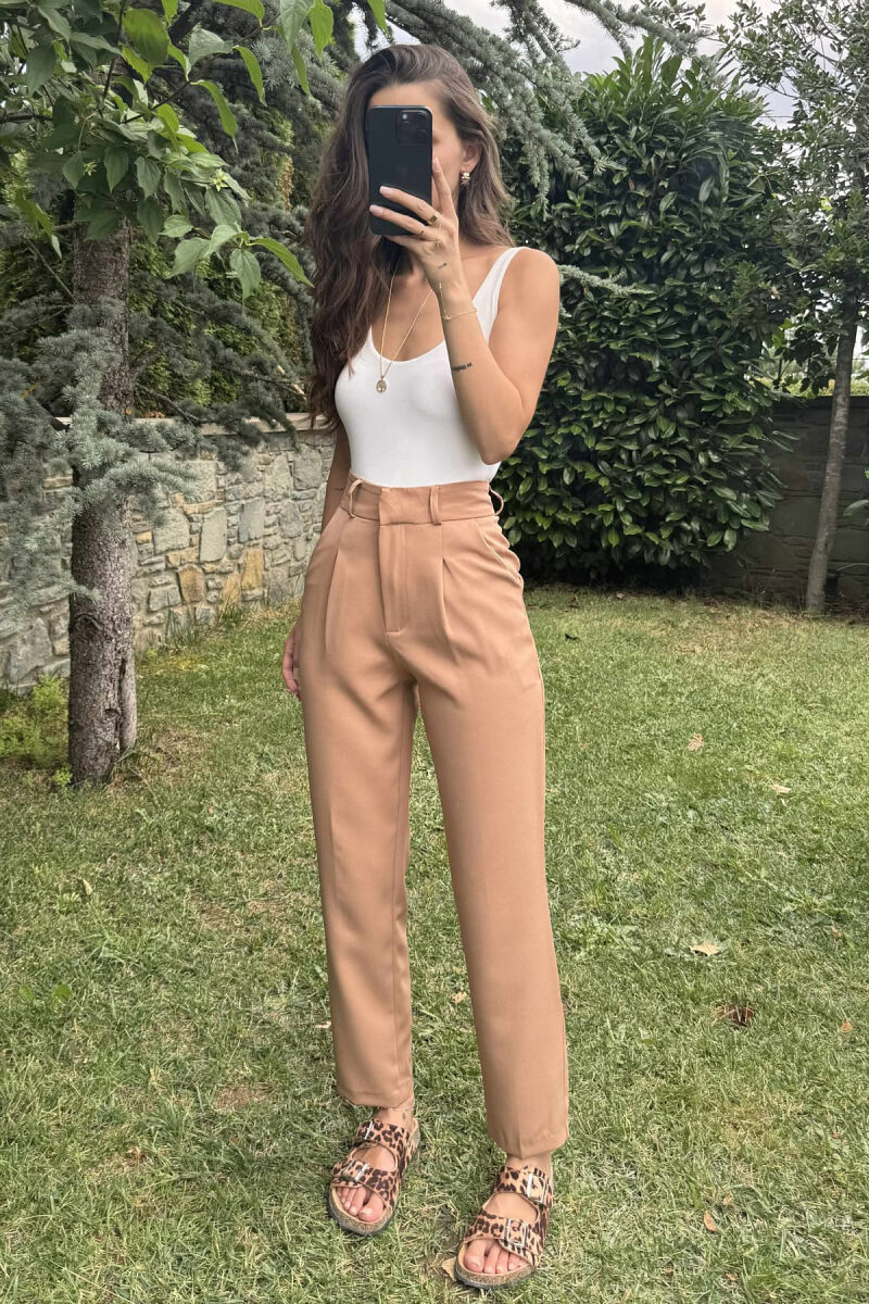 ONE COLOR SIMPLE WOMEN TROUSERS LIGHT BROWN/KAZB - 2