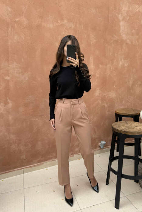 ONE COLOR SIMPLE WOMEN TROUSERS LIGHT BROWN/KAZB - 1