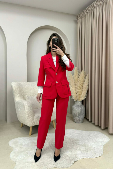 ONE COLOR SIMPLE JACKET+ TROUSERS WOMEN SET RED/E KUQE - 1