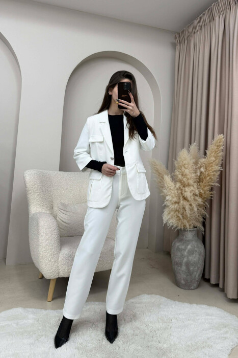 ONE COLOR SIMPLE JACKET+ TROUSERS WOMEN SET WHITE-E BARDHE 
