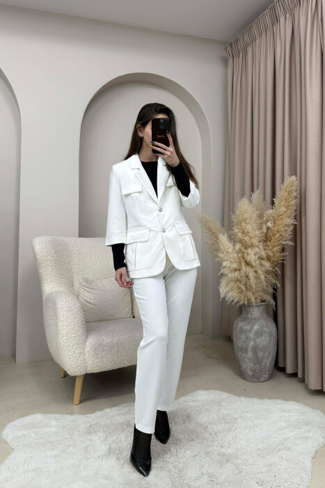 ONE COLOR SIMPLE JACKET+ TROUSERS WOMEN SET WHITE-E BARDHE - 2