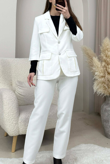 ONE COLOR SIMPLE JACKET+ TROUSERS WOMEN SET WHITE-E BARDHE - 3
