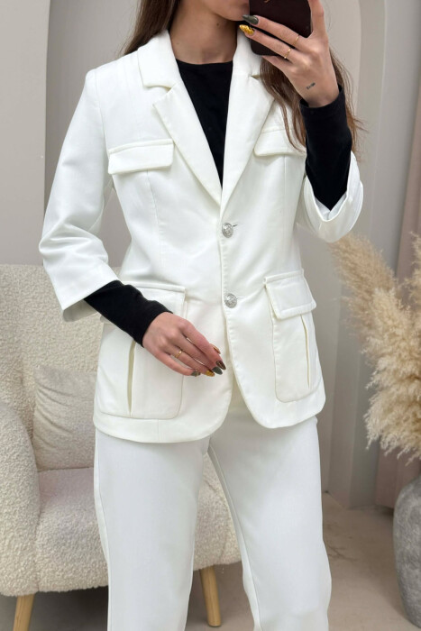 ONE COLOR SIMPLE JACKET+ TROUSERS WOMEN SET WHITE-E BARDHE - 4