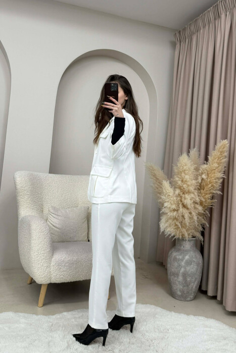 ONE COLOR SIMPLE JACKET+ TROUSERS WOMEN SET WHITE-E BARDHE - 5