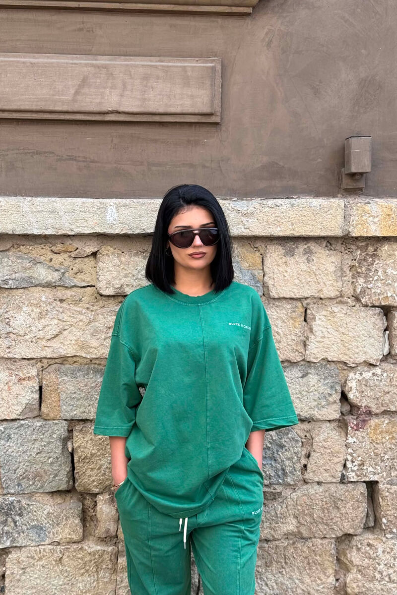 ONE COLOR SIMPLE WRITTINGS T-SHIRT + SWEATPANTS WOMAN SET GREEN/JESHILE - 4