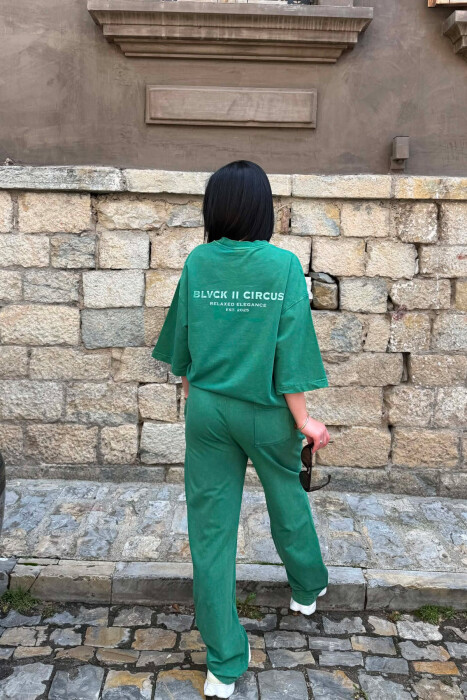 ONE COLOR SIMPLE WRITTINGS T-SHIRT + SWEATPANTS WOMAN SET GREEN/JESHILE - 5