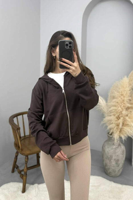 ONE COLOR SIMPLE ZIPPER HOODED WOMEN JACKET BROWN/KAFE - 2