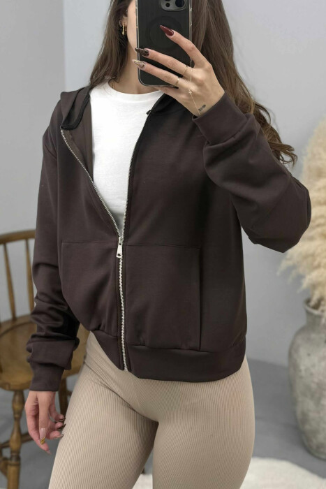 ONE COLOR SIMPLE ZIPPER HOODED WOMEN JACKET BROWN/KAFE - 3