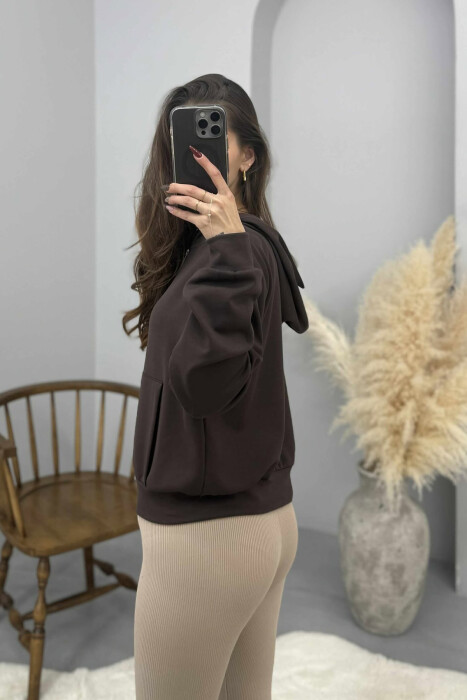 ONE COLOR SIMPLE ZIPPER HOODED WOMEN JACKET BROWN/KAFE - 4