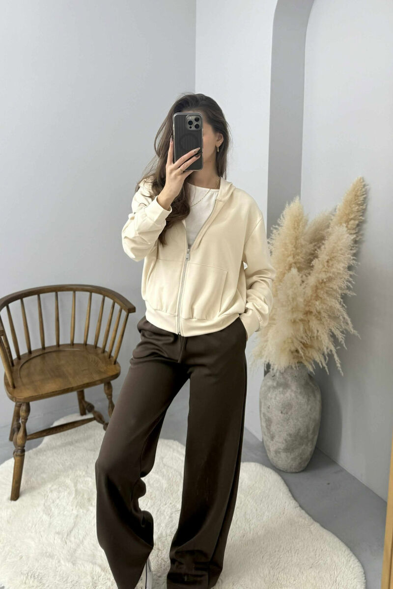 ONE COLOR SIMPLE ZIPPER HOODED WOMEN JACKET CREAM/KREM - 2