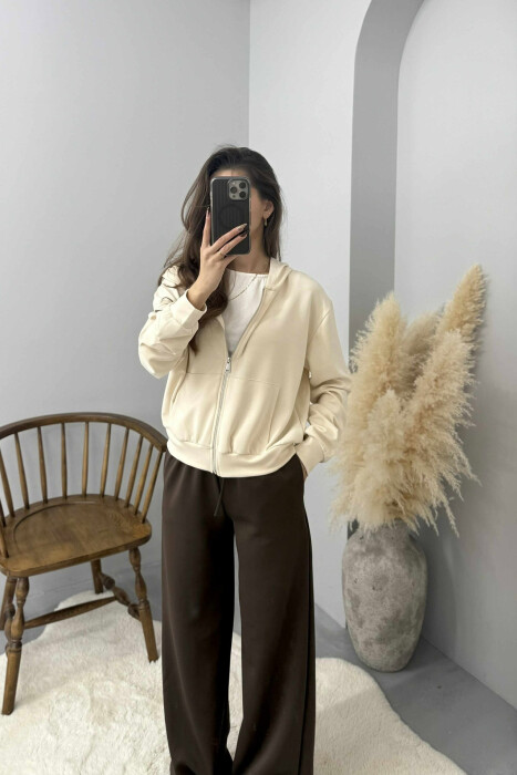 ONE COLOR SIMPLE ZIPPER HOODED WOMEN JACKET CREAM/KREM - 3