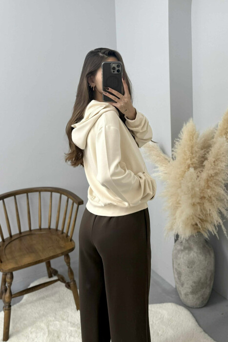 ONE COLOR SIMPLE ZIPPER HOODED WOMEN JACKET CREAM/KREM - 4