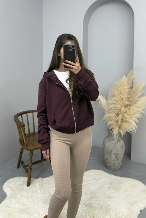 ONE COLOR SIMPLE ZIPPER HOODED WOMEN JACKET DARK BURGUNDY/VISHNJE E ERRET 