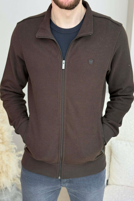 ONE COLOR SIMPLE ZIPPER MEN JACKET DARK BROWN/KAE - 1