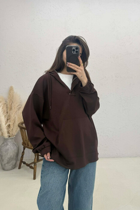 ONE COLOR SIMPLE ZIPPER NECK WOMEN HOODIE BROWN/KAFE - 3