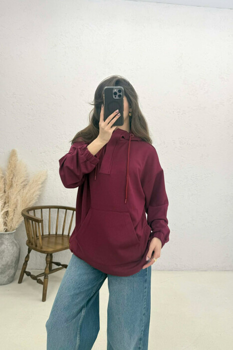 ONE COLOR SIMPLE ZIPPER NECK WOMEN HOODIE BURGUNDY/VISHNJE - KLAUDIO FASHION