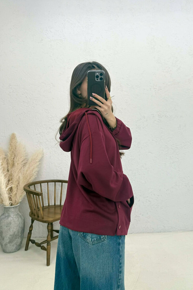 ONE COLOR SIMPLE ZIPPER NECK WOMEN HOODIE BURGUNDY/VISHNJE - 2