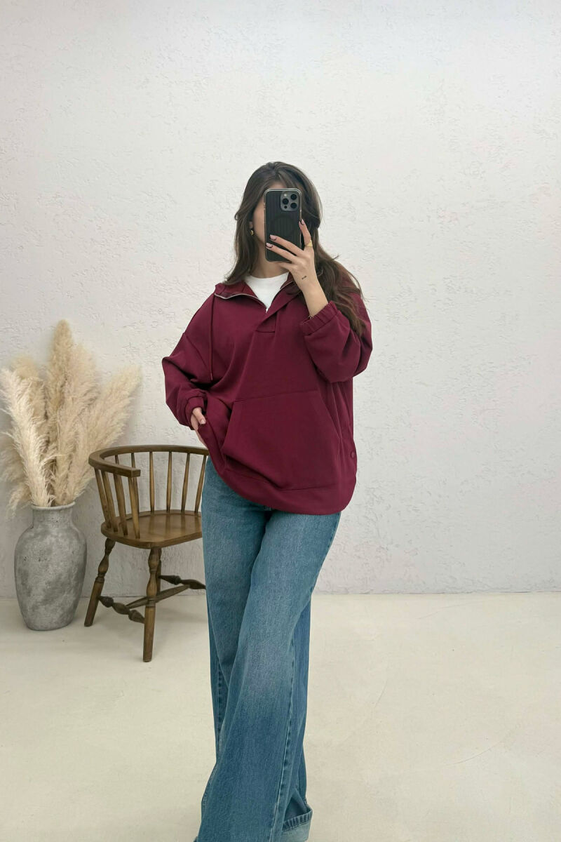 ONE COLOR SIMPLE ZIPPER NECK WOMEN HOODIE BURGUNDY/VISHNJE - 3