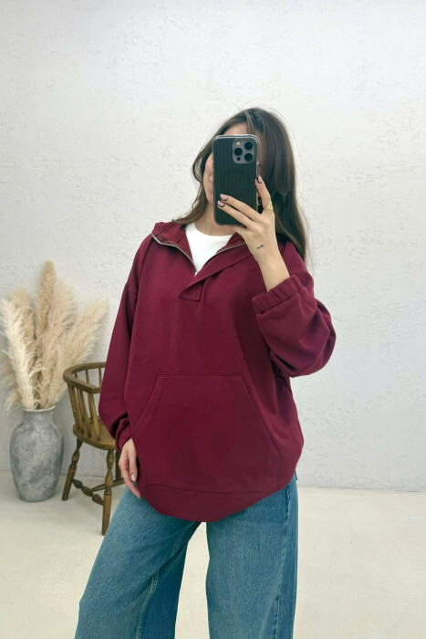ONE COLOR SIMPLE ZIPPER NECK WOMEN HOODIE BURGUNDY/VISHNJE - 4