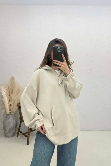 ONE COLOR SIMPLE ZIPPER NECK WOMEN HOODIE CREAM/KREM - 1