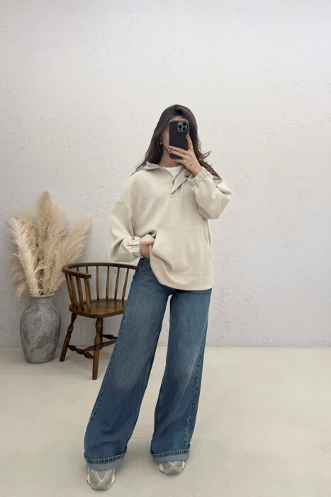 ONE COLOR SIMPLE ZIPPER NECK WOMEN HOODIE CREAM/KREM - 2