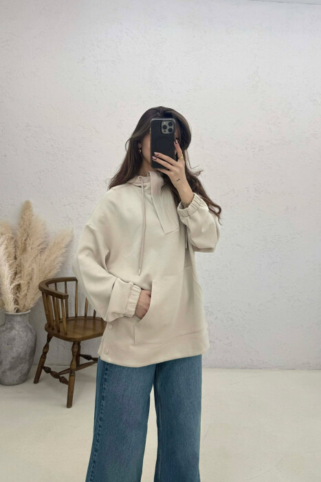 ONE COLOR SIMPLE ZIPPER NECK WOMEN HOODIE CREAM/KREM - 3