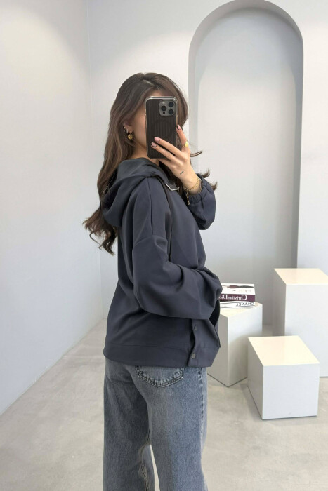 ONE COLOR SIMPLE ZIPPER NECK WOMEN HOODIE DARK GREY/GEE - 3