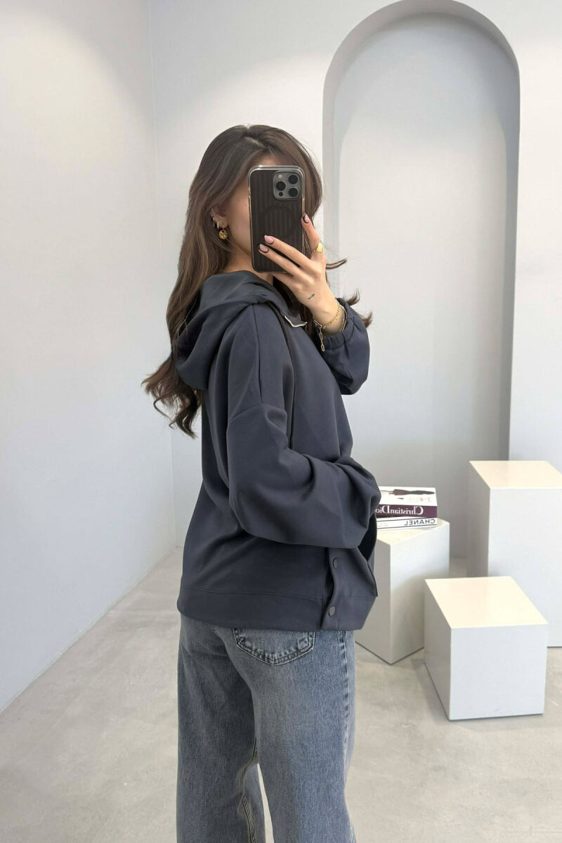 ONE COLOR SIMPLE ZIPPER NECK WOMEN HOODIE DARK GREY/GEE - 3