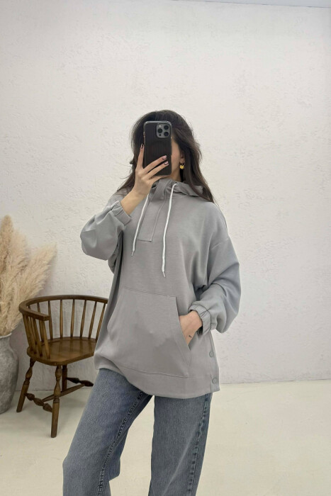 ONE COLOR SIMPLE ZIPPER NECK WOMEN HOODIE GREY/GRI - 1