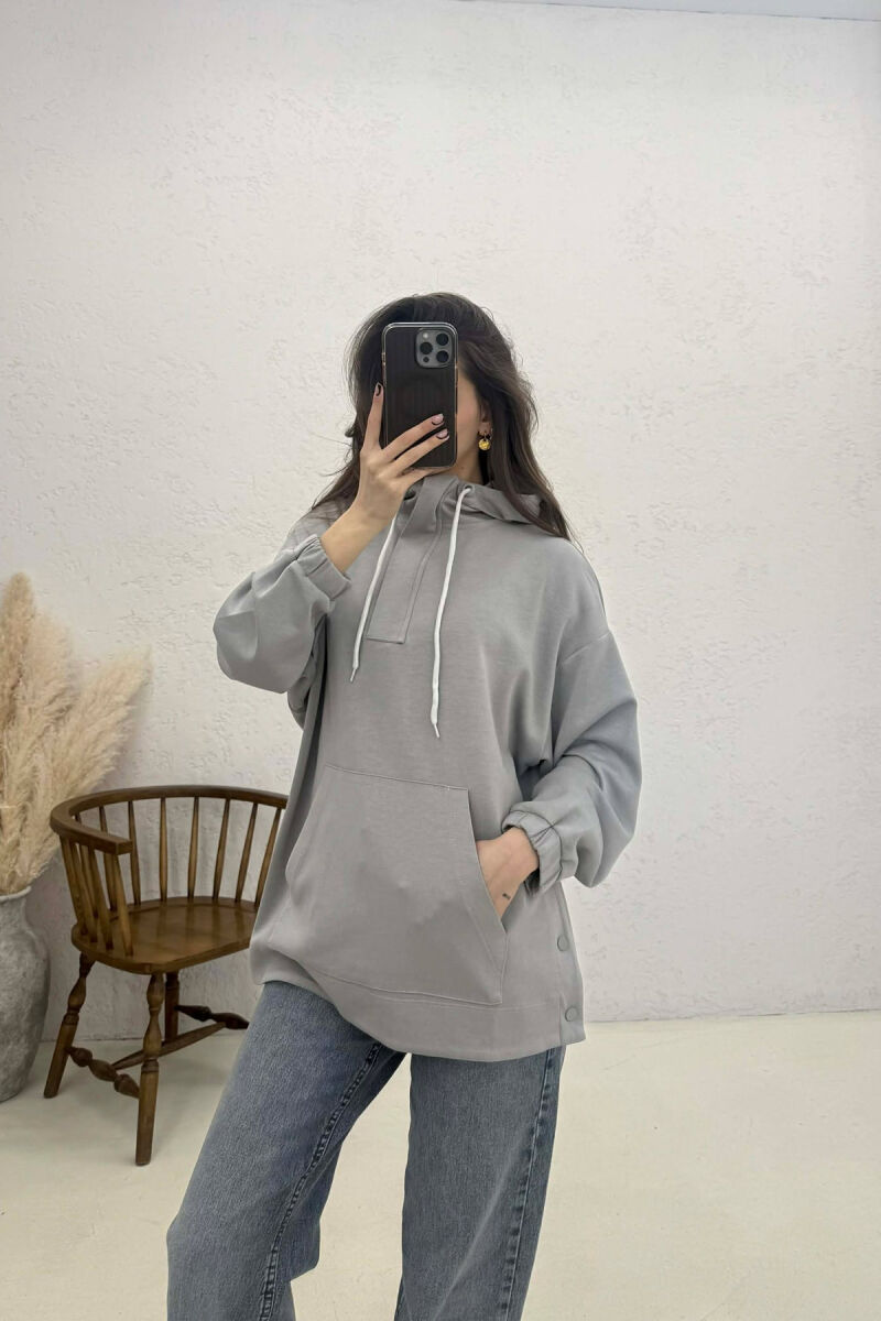 ONE COLOR SIMPLE ZIPPER NECK WOMEN HOODIE GREY/GRI - 1