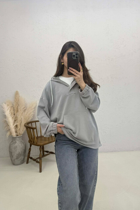 ONE COLOR SIMPLE ZIPPER NECK WOMEN HOODIE GREY/GRI - 2