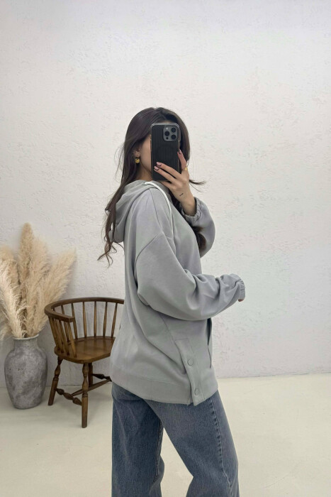 ONE COLOR SIMPLE ZIPPER NECK WOMEN HOODIE GREY/GRI - 3