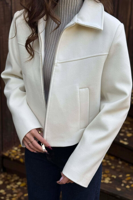 ONE COLOR SIMPLE ZIPPER WOMEN JACKET CREAM/KREM - 2