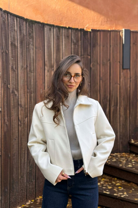 ONE COLOR SIMPLE ZIPPER WOMEN JACKET CREAM/KREM - 3