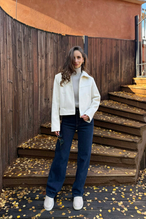 ONE COLOR SIMPLE ZIPPER WOMEN JACKET CREAM/KREM - 6