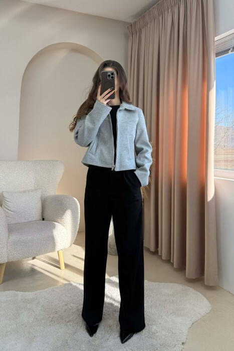 ONE COLOR SIMPLE ZIPPER WOMEN JACKET GREY/GRI - KLAUDIO FASHION