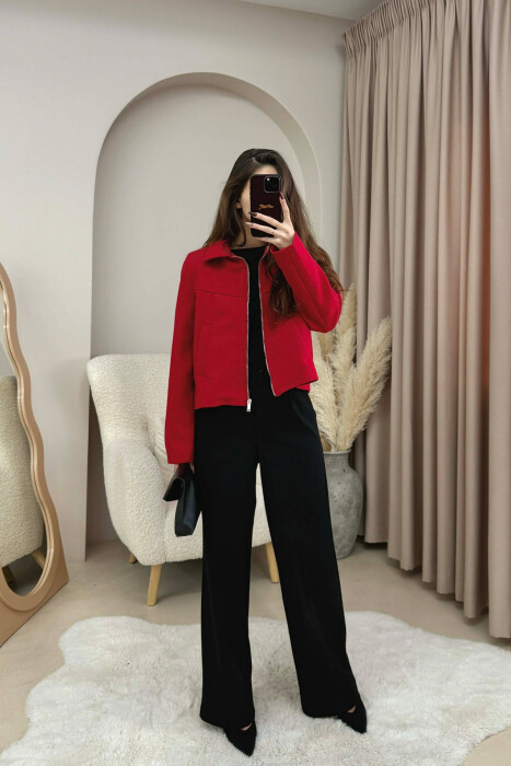 ONE COLOR SIMPLE ZIPPER WOMEN JACKET RED/E KUQE - KLAUDIO FASHION