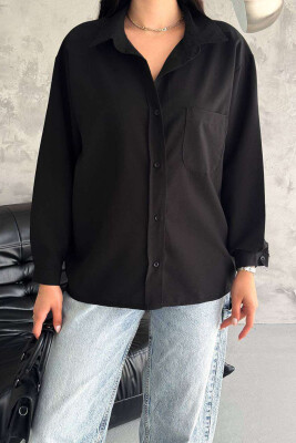 ONE COLOR SINGLE POCKET LONG SLEEVE WOMEN SHIRT BLACK/ E ZEZE 